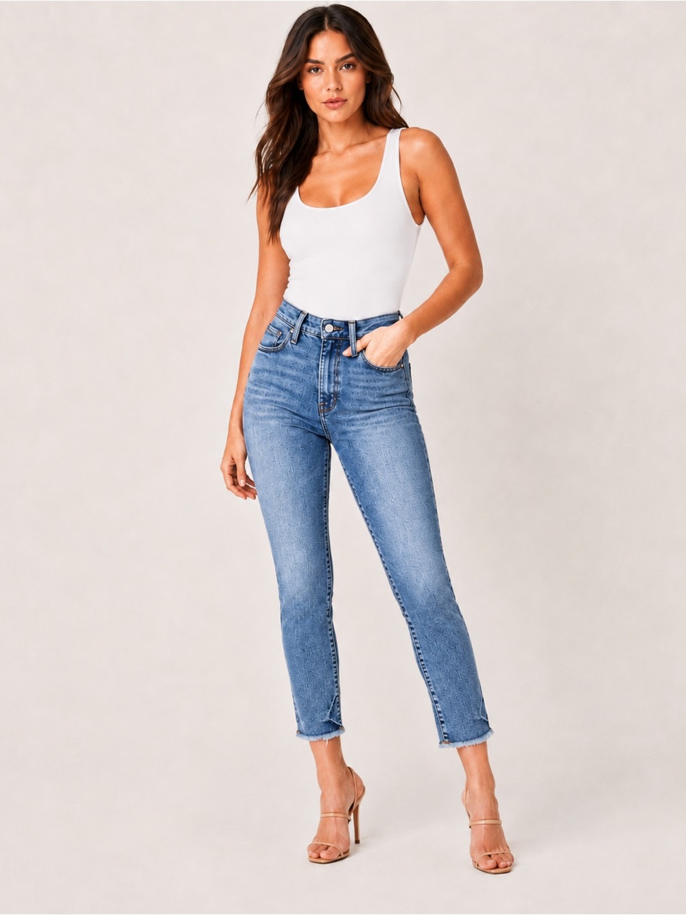 NWT Good American Good Waist Crop Skinny Jeans 4/27 Blue Raw Hem